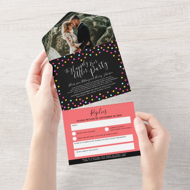 Happily ever after wedding party confetti coral all in one invitation (Tearaway)