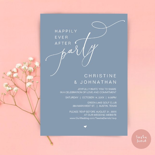Happily Ever After Wedding Party Dinner Dancing Invitation (Happily Ever After Wedding Party Romantic Dinner Dancing Invitation Card, PDF, in Dusty Blue)