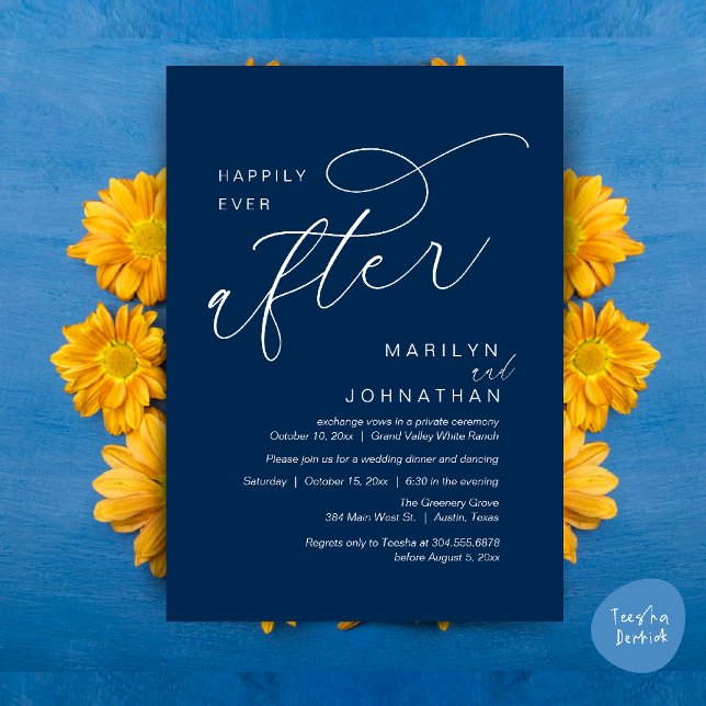 Happily Ever After Wedding Party Dinner Dancing Invitation (Romantic Happily Ever After Wedding Dinner Party Lunch Brunch Invitation PDF Card Navy Blue)