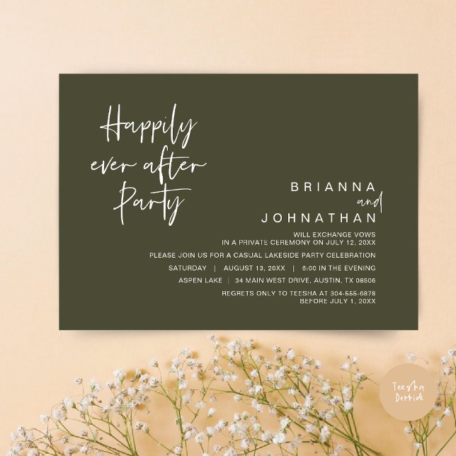 Happily Ever After Wedding Party, Olive Green Invitation (Happily Ever After Party Invitation Card, PDF, Modern Wedding Elopement, in Olive Green)