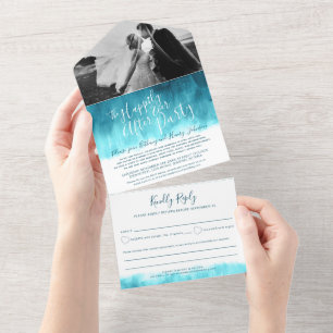 Happily ever after wedding party photo aqua teal all in one invitation