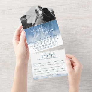 Happily ever after wedding party photo blue grey all in one invitation