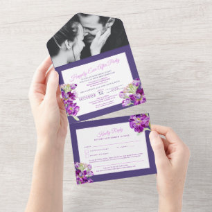 Happily ever after wedding purple stock watercolor all in one invitation