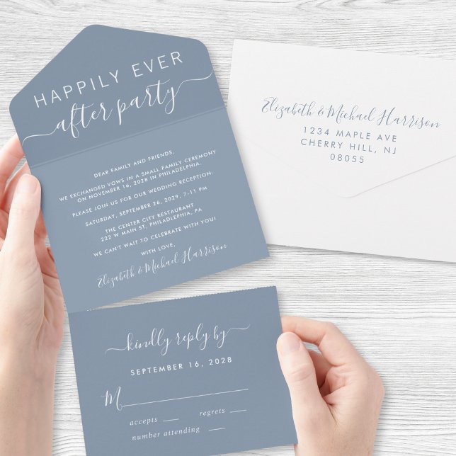 Happily Ever After Wedding Reception Dusty Blue All In One Invitation (Creator Uploaded)