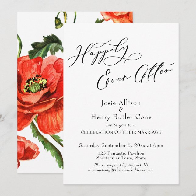 Happily Ever After Wedding Reception, Red Poppies Invitation (Front/Back)