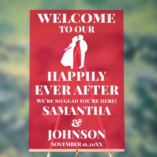 Happily Ever After Wedding Welcome Red Acrylic Sign (Neutral)