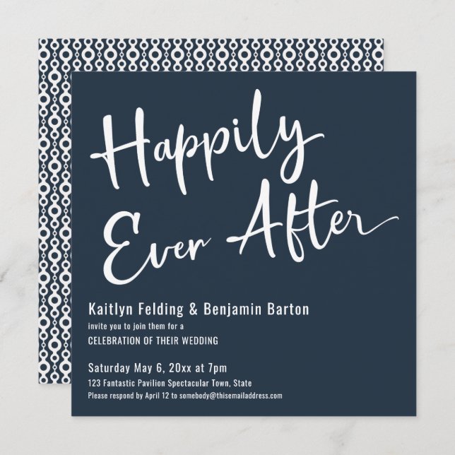 Happily Ever After White on Dark Blue Reception Invitation (Front/Back)