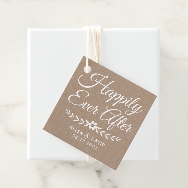 Happily ever after white typography rustic wedding favour tags (In Situ)