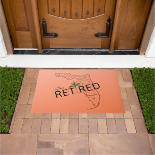 Happily Retired Florida Map and Tropical Palm Tree Doormat