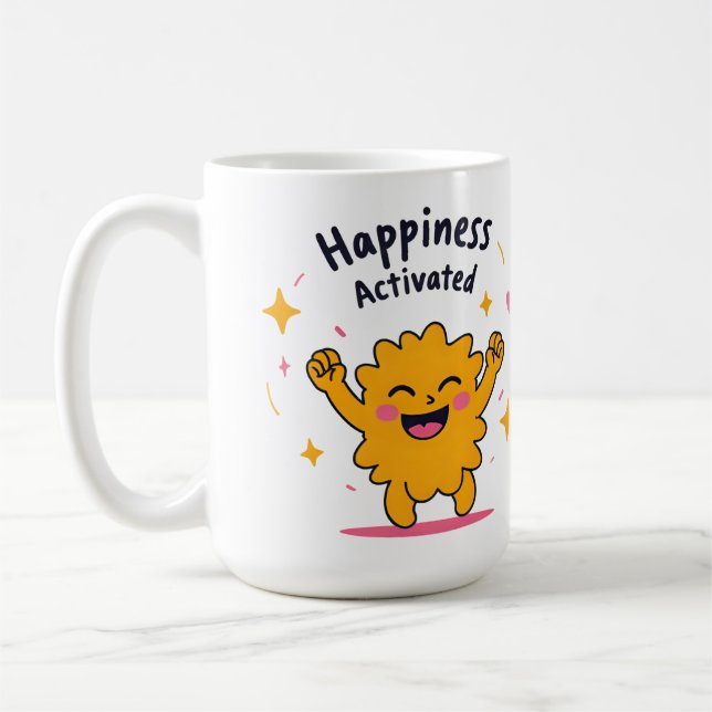 Happiness Activated – Cute Doodle Joy Character Coffee Mug (Left)