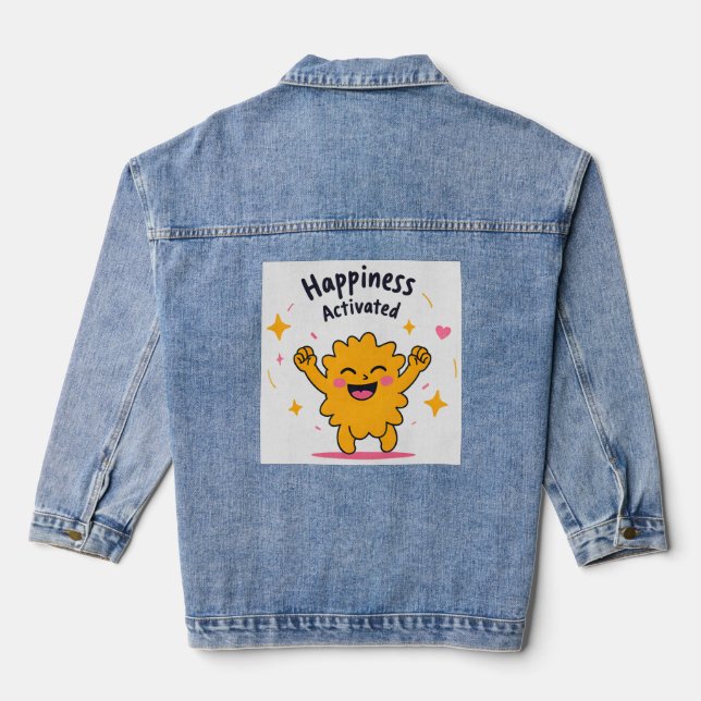 Happiness Activated – Cute Doodle Joy Character Denim Jacket (Back)