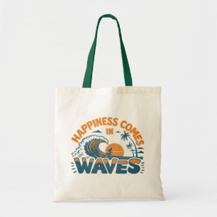 Happiness Comes in Waves Retro Beach Tote Bag