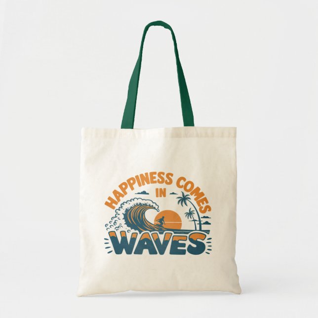 Happiness Comes in Waves Retro Beach  Tote Bag (Front)