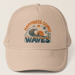 Happiness Comes in Waves Retro Beach  Trucker Hat