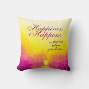 "Happiness Happens" Yellow, Magenta Design Throw Pillow