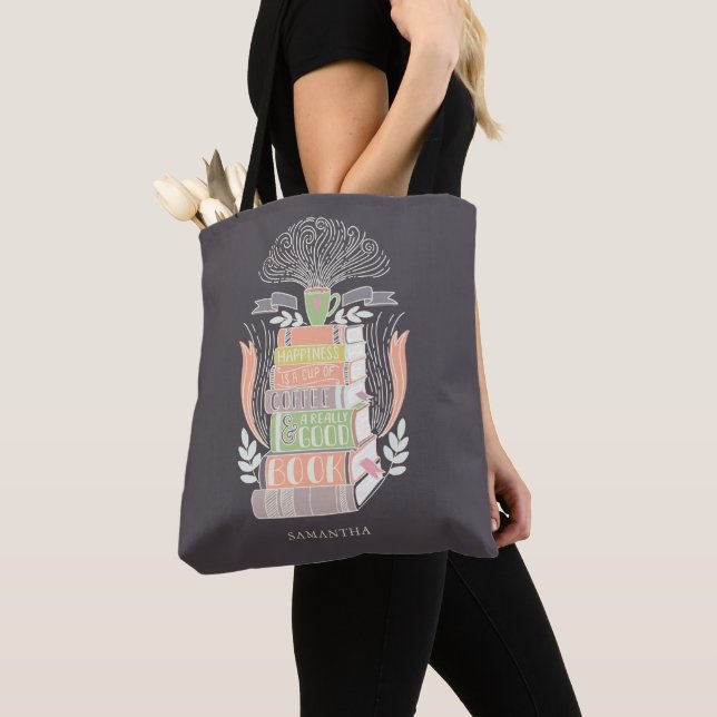Happiness is Coffee and Books - Pastel Colours Tote Bag (Close Up)