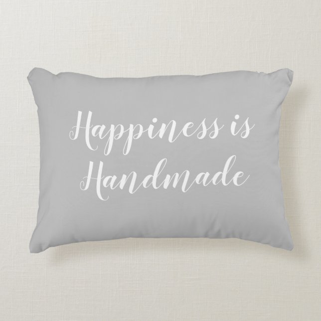 Happiness is Handmade Script Grey Accent Pillow (Front)