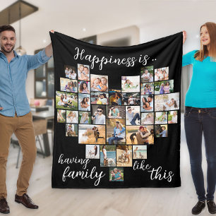 Happiness is Heart Shaped 36 Photo Collage Black Fleece Blanket