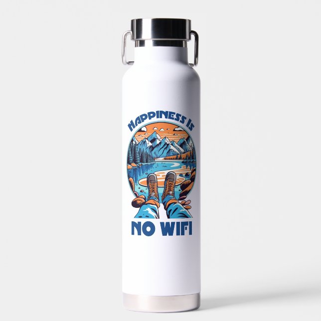 Happiness Is No Wifi Hiking Boots Water Bottle (Front)