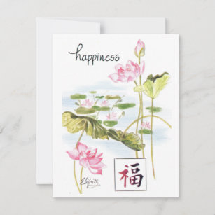 'Happiness' Pink Waterlilies in Pond Sketch Note C Card