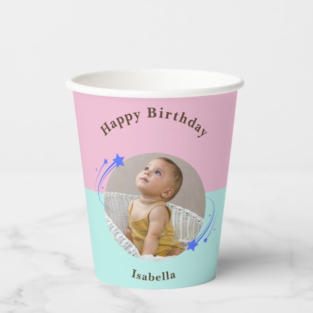 Happpy Birthday Shooting Star Pink Green Paper Cup (Front)