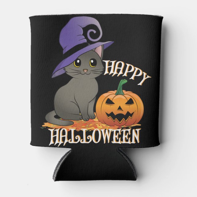 Happpy Halloween Cat with Pumpkin Can Cooler (Front)