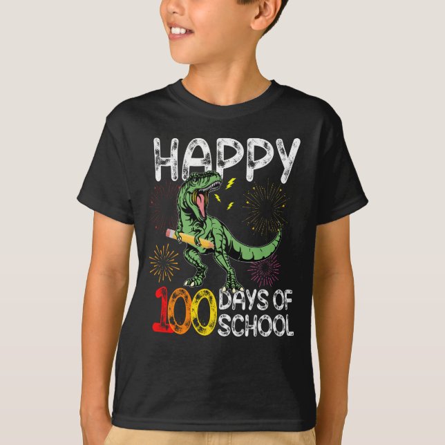 happy 100 days of school dinosaur t rex T-Shirt (Front)