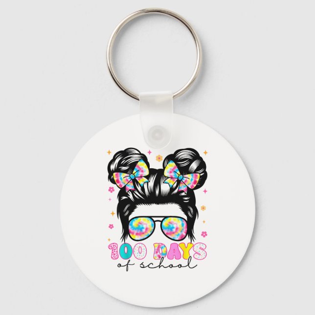 Happy 100 Days Of School Messy Bun Girls 100th Day Keychain (Front)