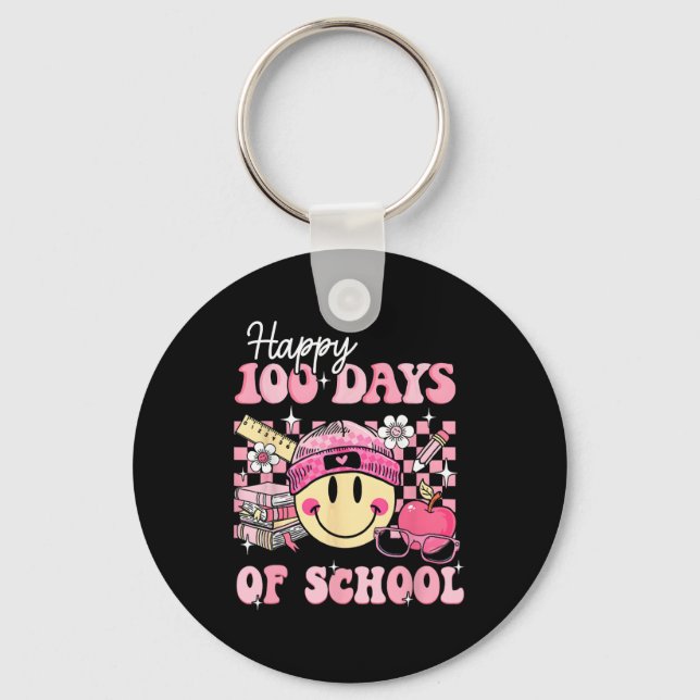 Happy 100 Days Of School Teacher Kids Retro Groovy Keychain (Front)