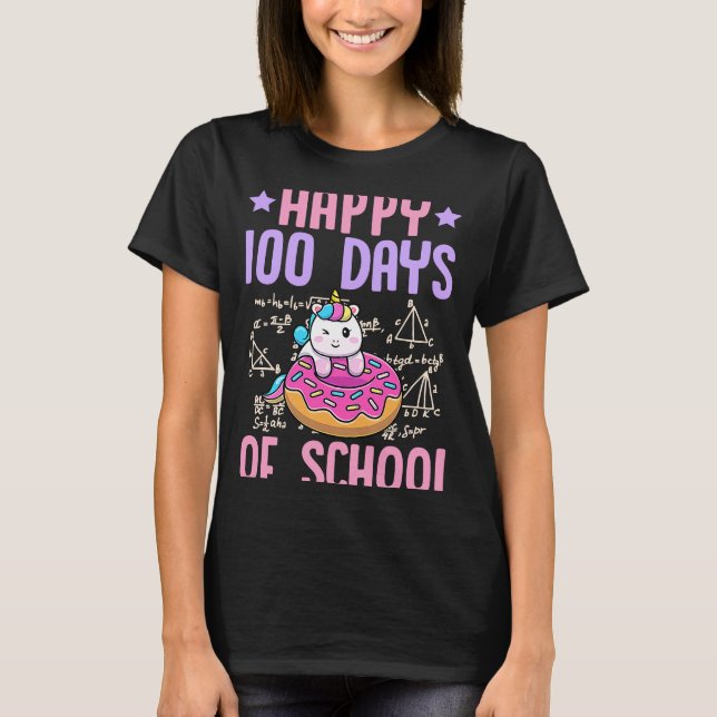 Happy 100 Days Of School Unicorn Donut Math Teache T-Shirt (Front)