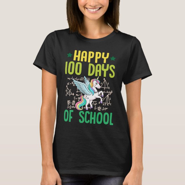 Happy 100 Days Of School Unicorn Pegasus Math Teac T-Shirt (Front)
