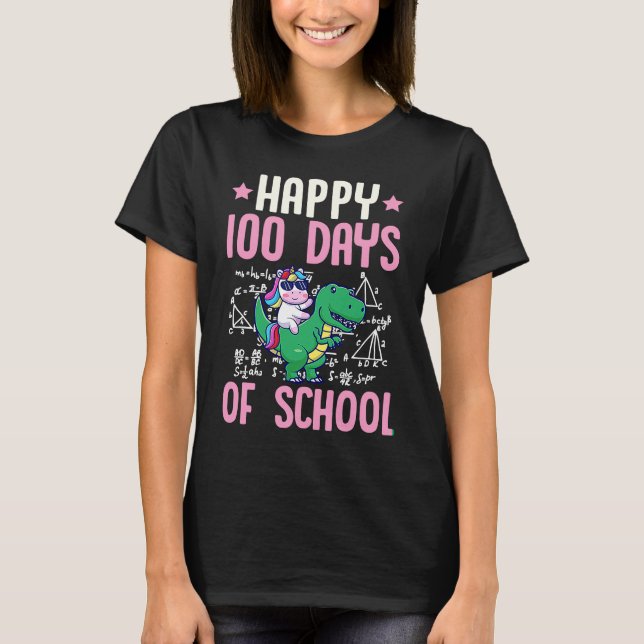 Happy 100 Days Of School Unicorn Rex Dinosaur Math T-Shirt (Front)