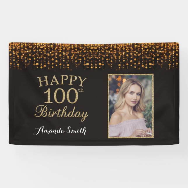 Happy 100th Birthday Banner. Gold Glitter Photo Banner (Horizontal)