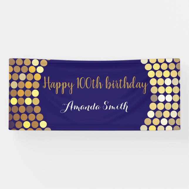 Happy 100th Birthday Banner Navy Blue Gold Glitter (Horizontal)