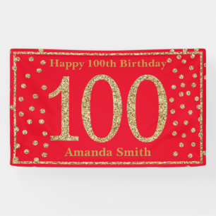 Happy 100th Birthday Banner Red Gold Glitter