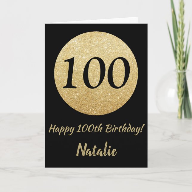 Happy 100th Birthday Black and Gold Glitter Card (Front)