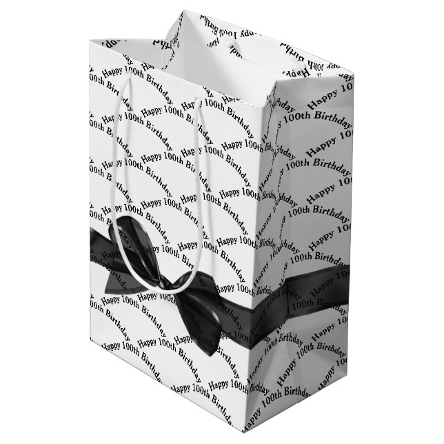 Happy 100th Birthday Black Bow On White Medium Gift Bag (Back Angled)