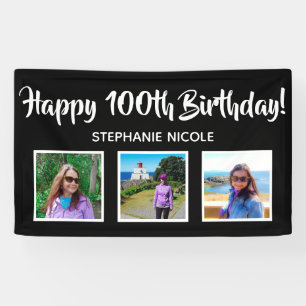 Happy 100th Birthday Black Personalized 3 Photos Banner