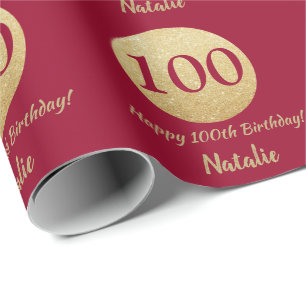 Happy 100th Birthday Burgundy Red and Gold Glitter Wrapping Paper