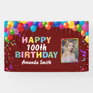 Happy 100th Birthday Colourful Balloons Burgundy Banner