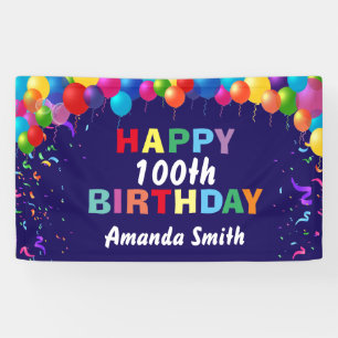 Happy 100th Birthday Colourful Balloons Navy Blue Banner