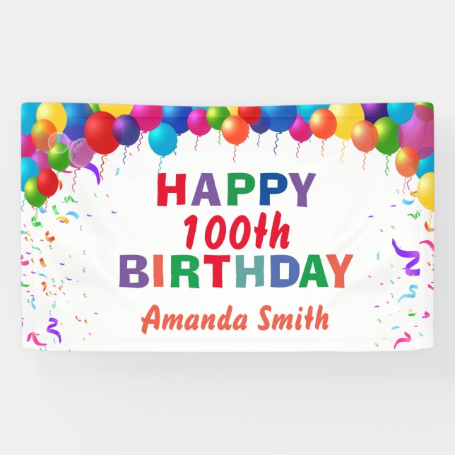 Happy 100th Birthday Colourful Balloons White Banner (Horizontal)