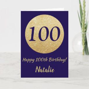 Happy 100th Birthday Navy Blue and Gold Glitter Card