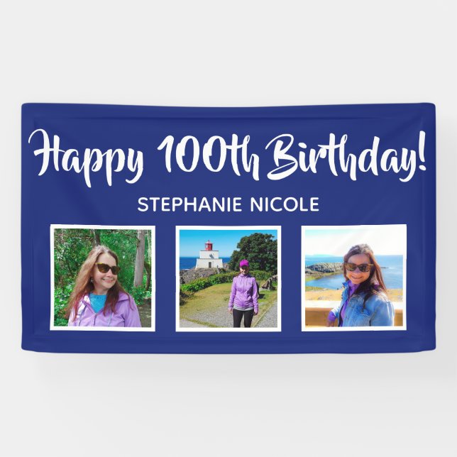 Happy 100th Birthday Navy Blue Personalized Photos Banner (Horizontal)