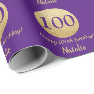 Happy 100th Birthday Purple and Gold Glitter Wrapping Paper