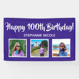 Happy 100th Birthday Purple Personalized 3 Photos Banner