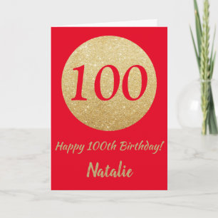 Happy 100th Birthday Red and Gold Glitter Card