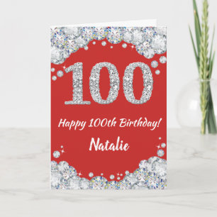 Happy 100th Birthday Red and Silver Glitter Card