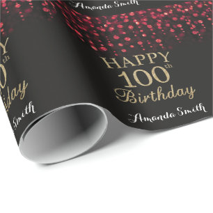 Happy 100th Birthday Red Black and Gold Glitter Wrapping Paper