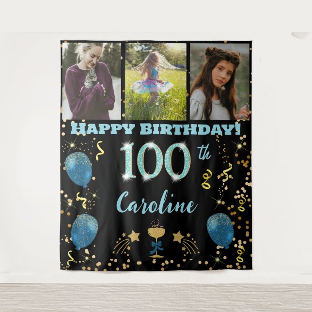 Happy 100th Birthday Teal Blue Glitter & 3 photos Tapestry (Front)
